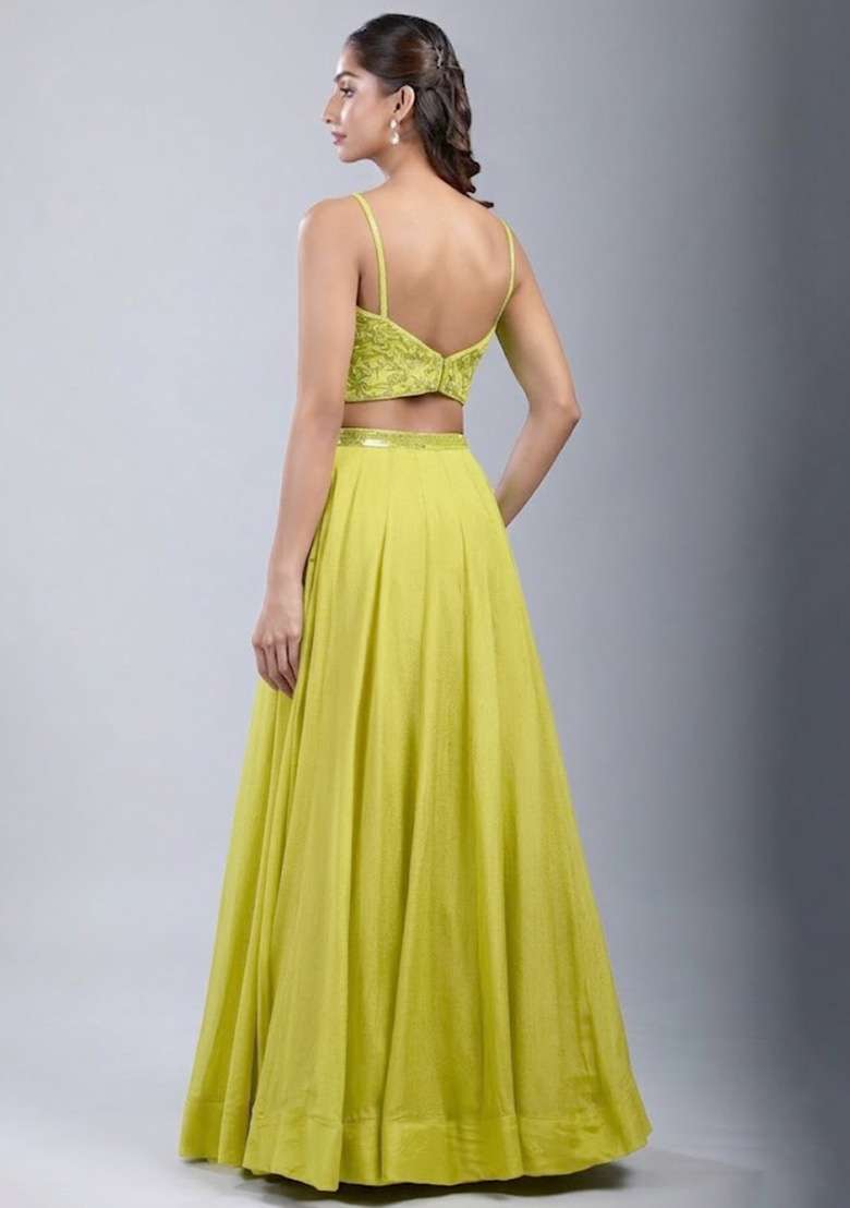 Lemon Yellow Chinon Handwork Lehenga Set - Indya