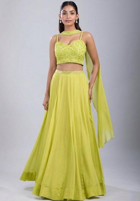 Lemon Yellow Chinon Handwork Lehenga Set