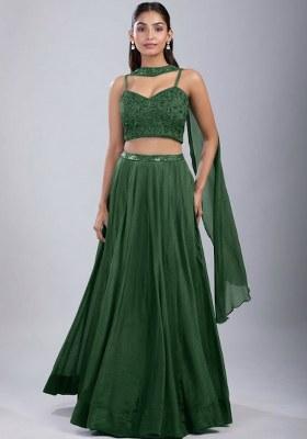 Forest Green Chinon Handwork Lehenga Set