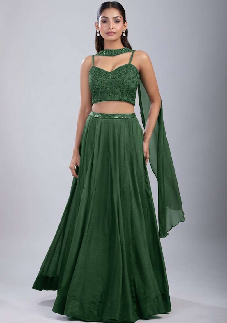 Forest Green Chinon Handwork Lehenga Set - Indya