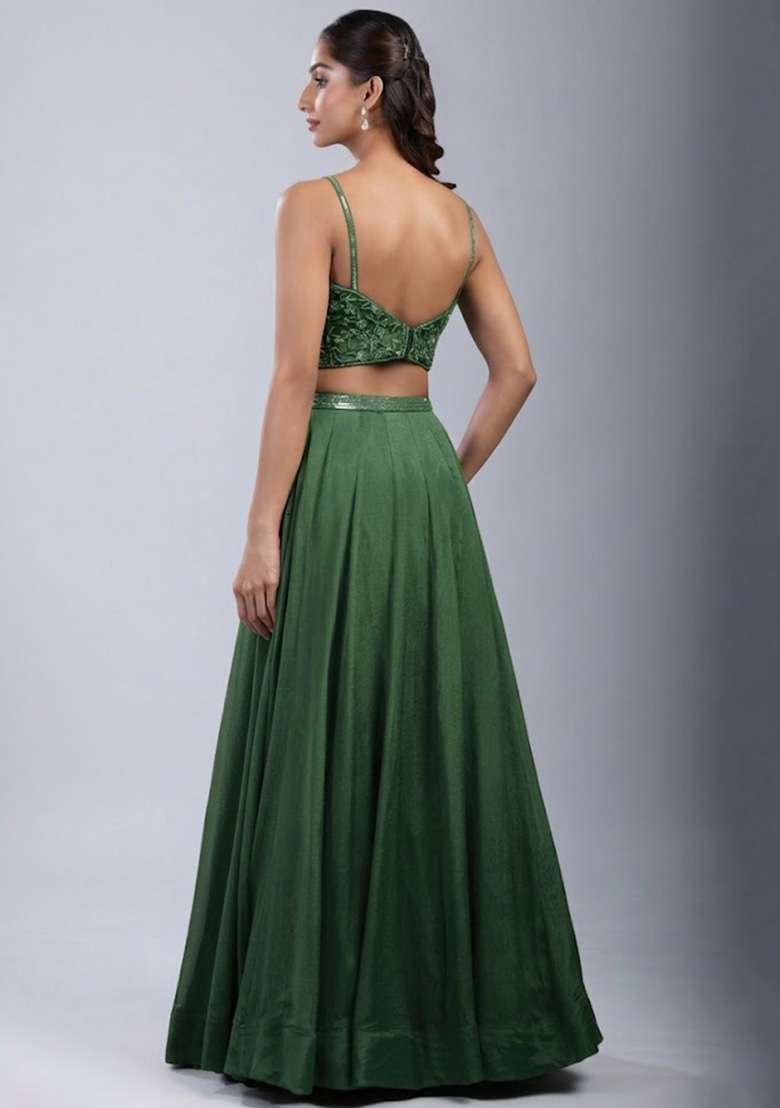 Forest Green Chinon Handwork Lehenga Set - Indya