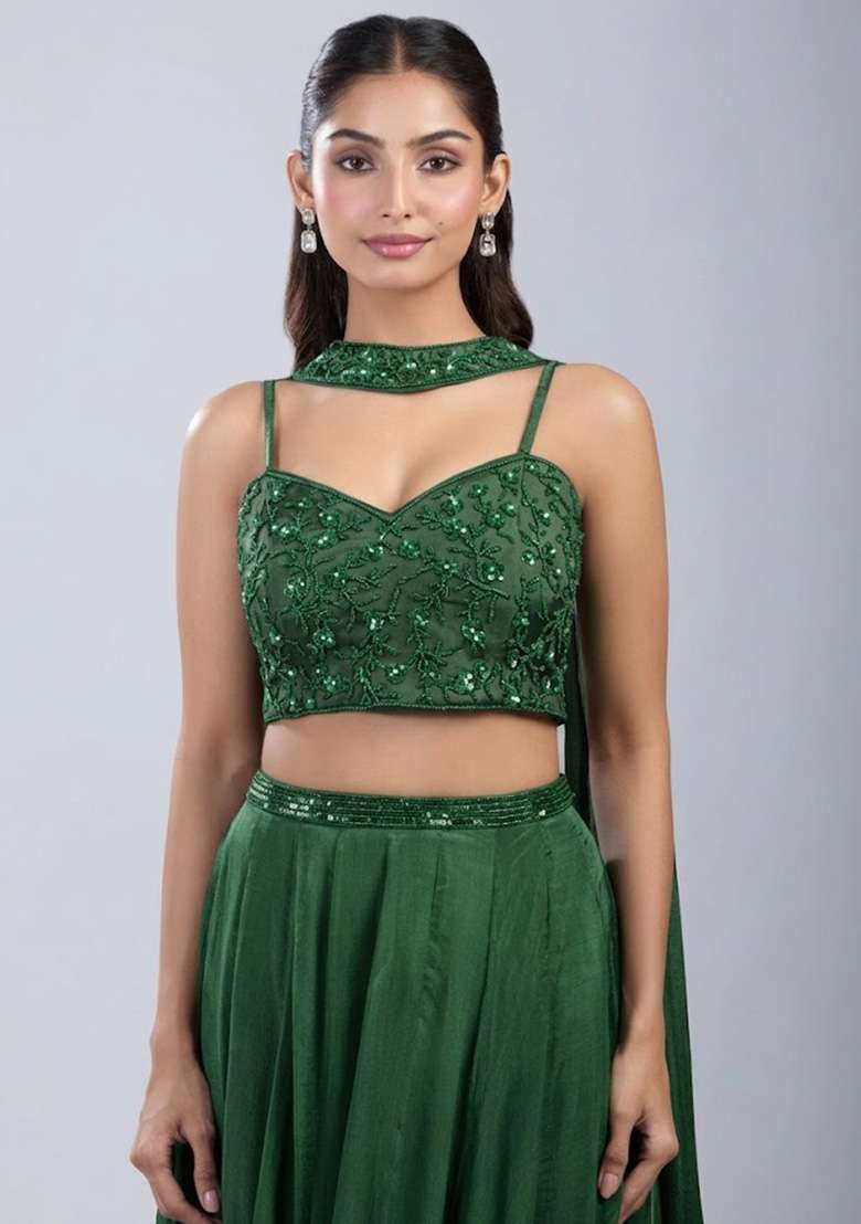 Forest Green Chinon Handwork Lehenga Set - Indya