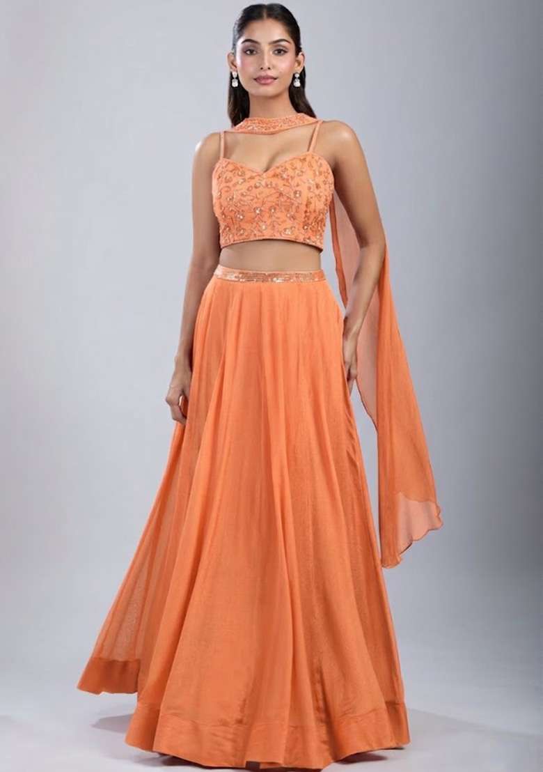 Peach Chinon Handwork Lehenga Set - Indya