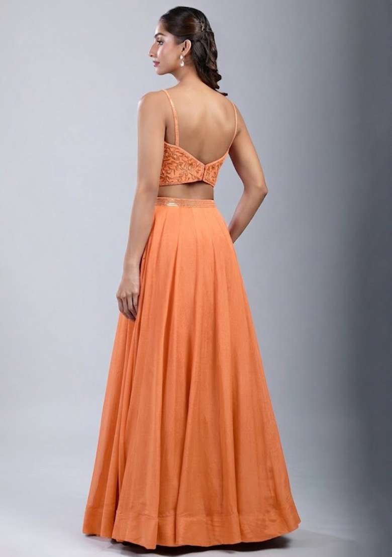 Peach Chinon Handwork Lehenga Set - Indya