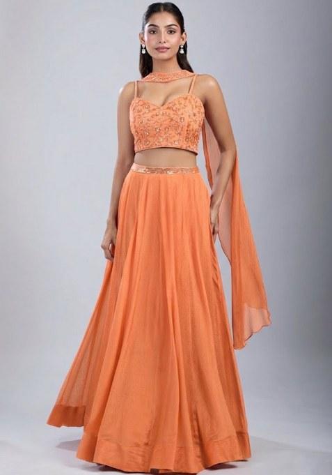 Peach Chinon Handwork Lehenga Set