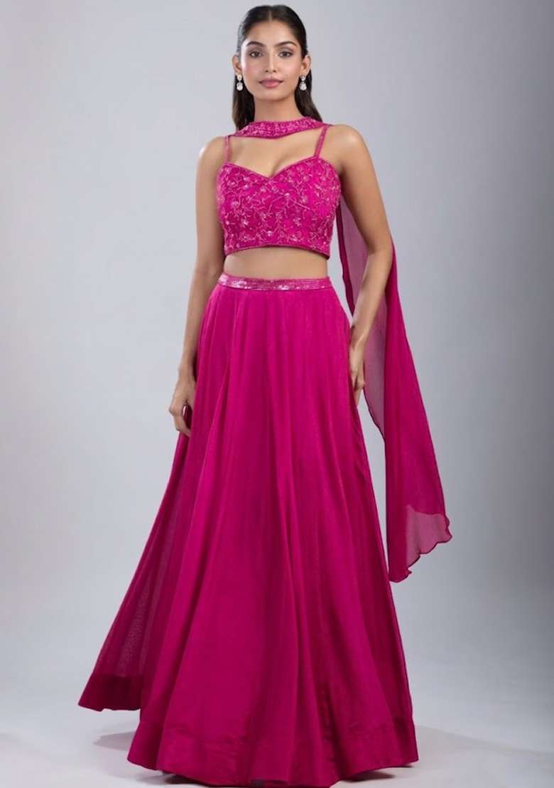 Hot Pink Chinon Handwork Lehenga Set - Indya