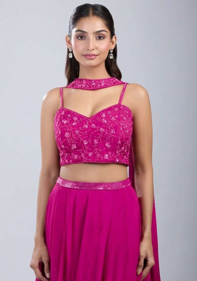 Hot Pink Chinon Handwork Lehenga Set - Indya