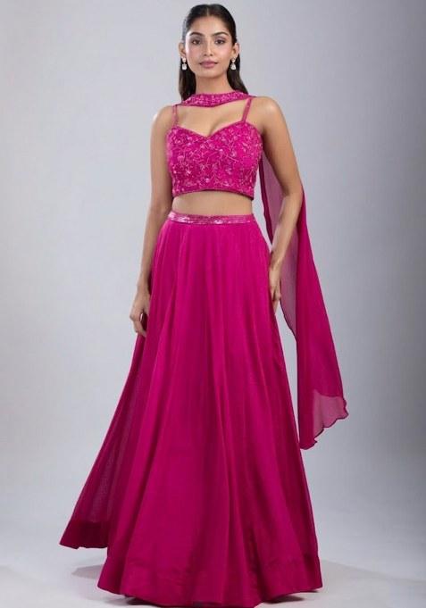 Hot Pink Chinon Handwork Lehenga Set