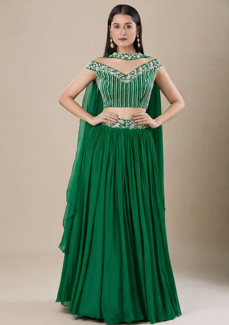 Emerald Green Chinon Handwork Lehenga Set - Indya