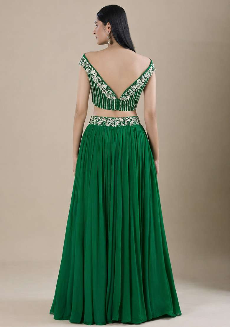 Emerald Green Chinon Handwork Lehenga Set - Indya