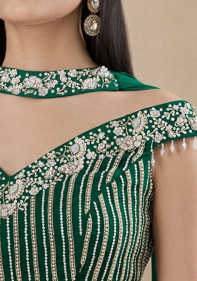 Emerald Green Chinon Handwork Lehenga Set - Indya