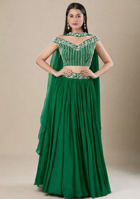 Emerald Green Chinon Handwork Lehenga Set