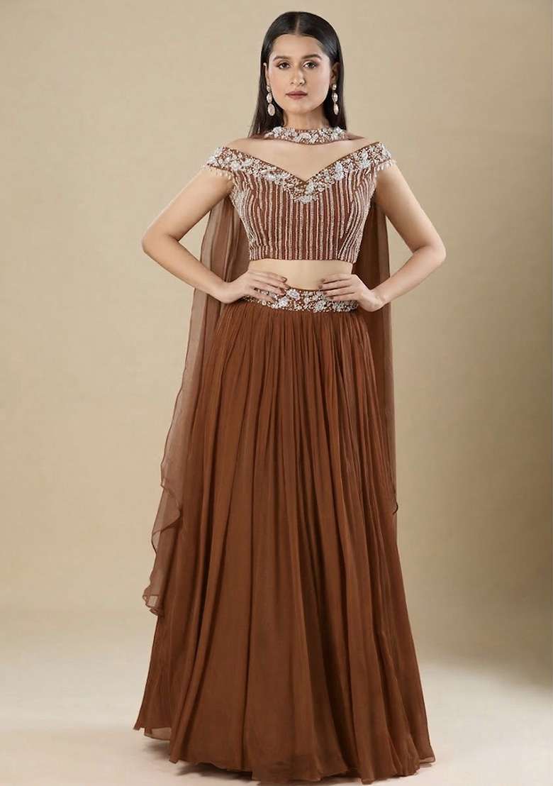 Brown Chinon Handwork Lehenga Set - Indya