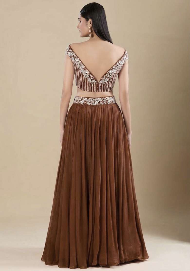 Brown Chinon Handwork Lehenga Set - Indya