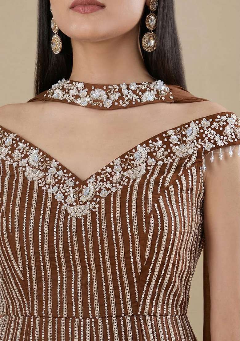 Brown Chinon Handwork Lehenga Set - Indya