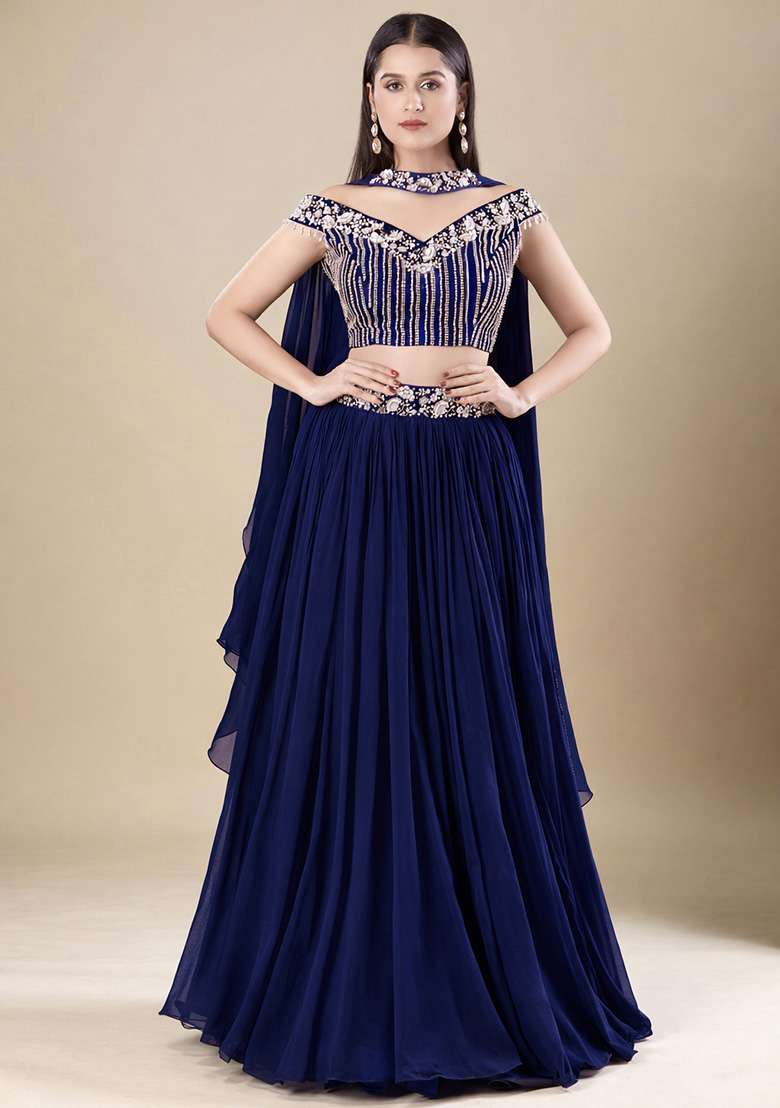 Navy Blue Chinon Handwork Lehenga Set - Indya