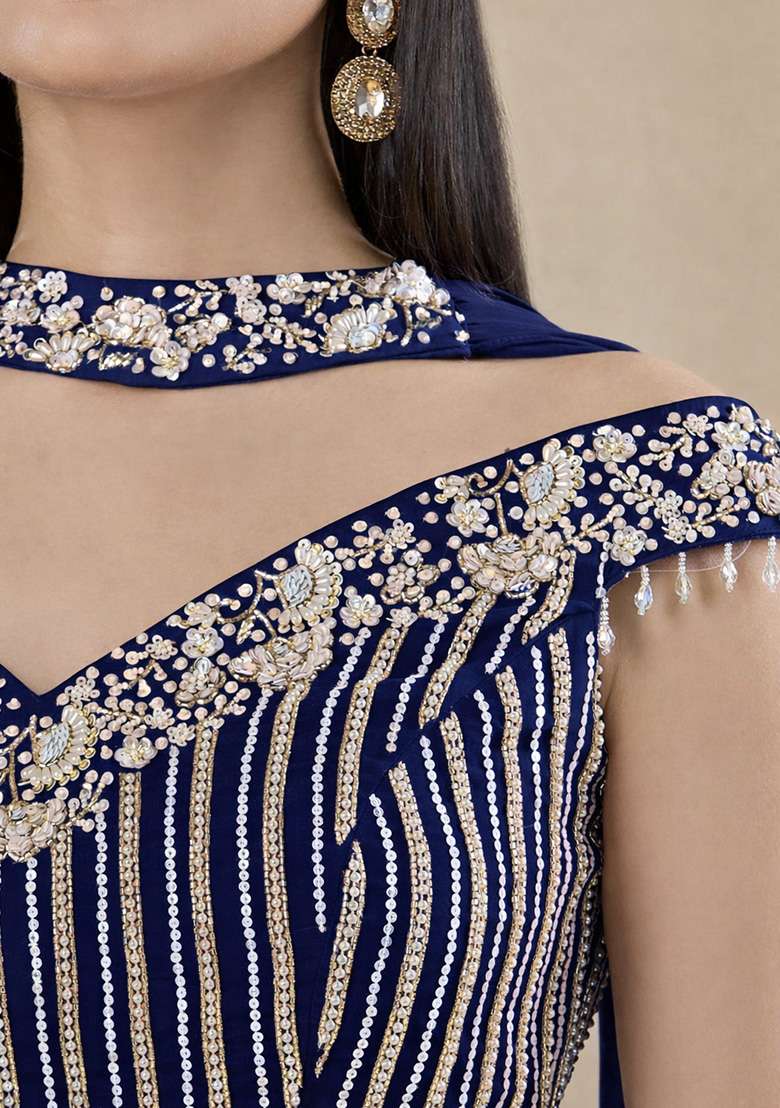 Navy Blue Chinon Handwork Lehenga Set - Indya