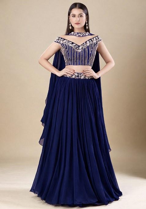 Navy Blue Chinon Handwork Lehenga Set
