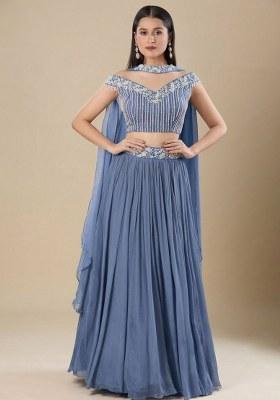 Steel Blue Chinon Handwork Lehenga Set