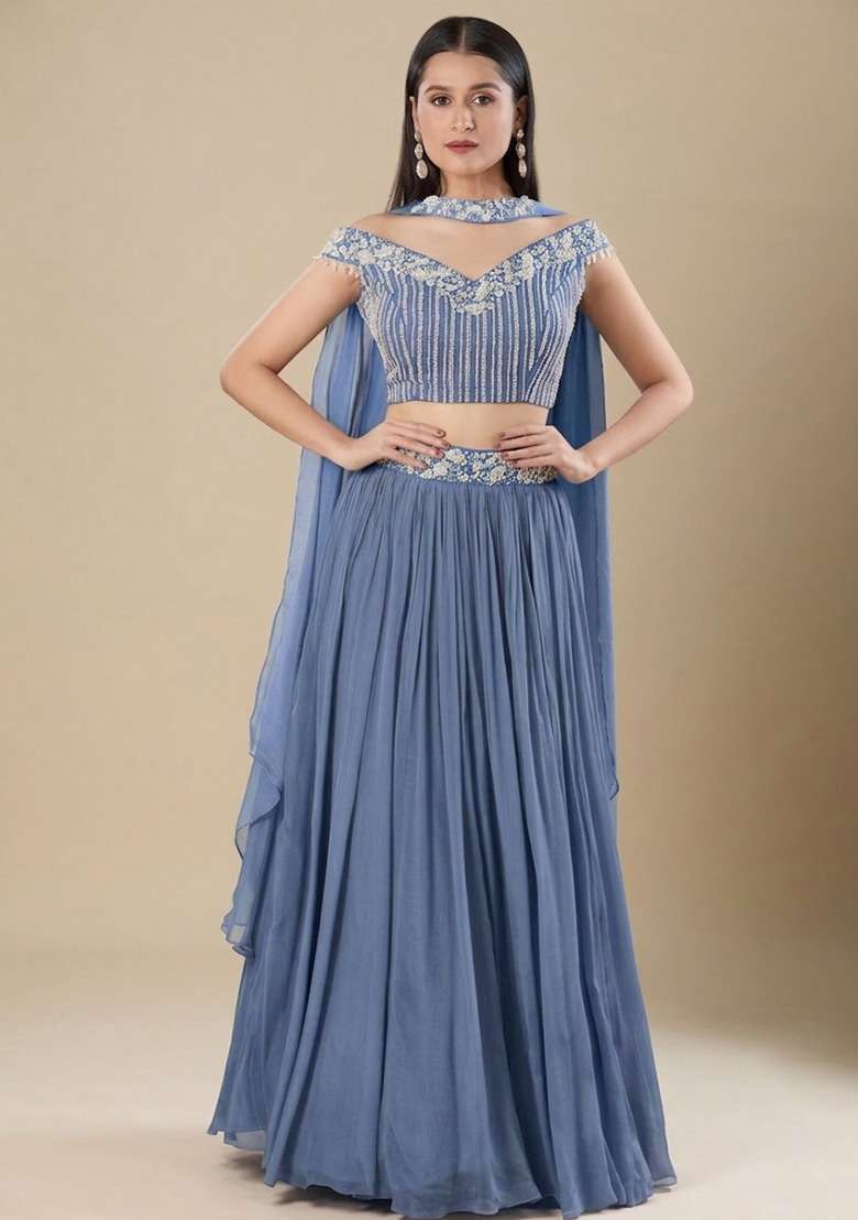 Steel Blue Chinon Handwork Lehenga Set - Indya