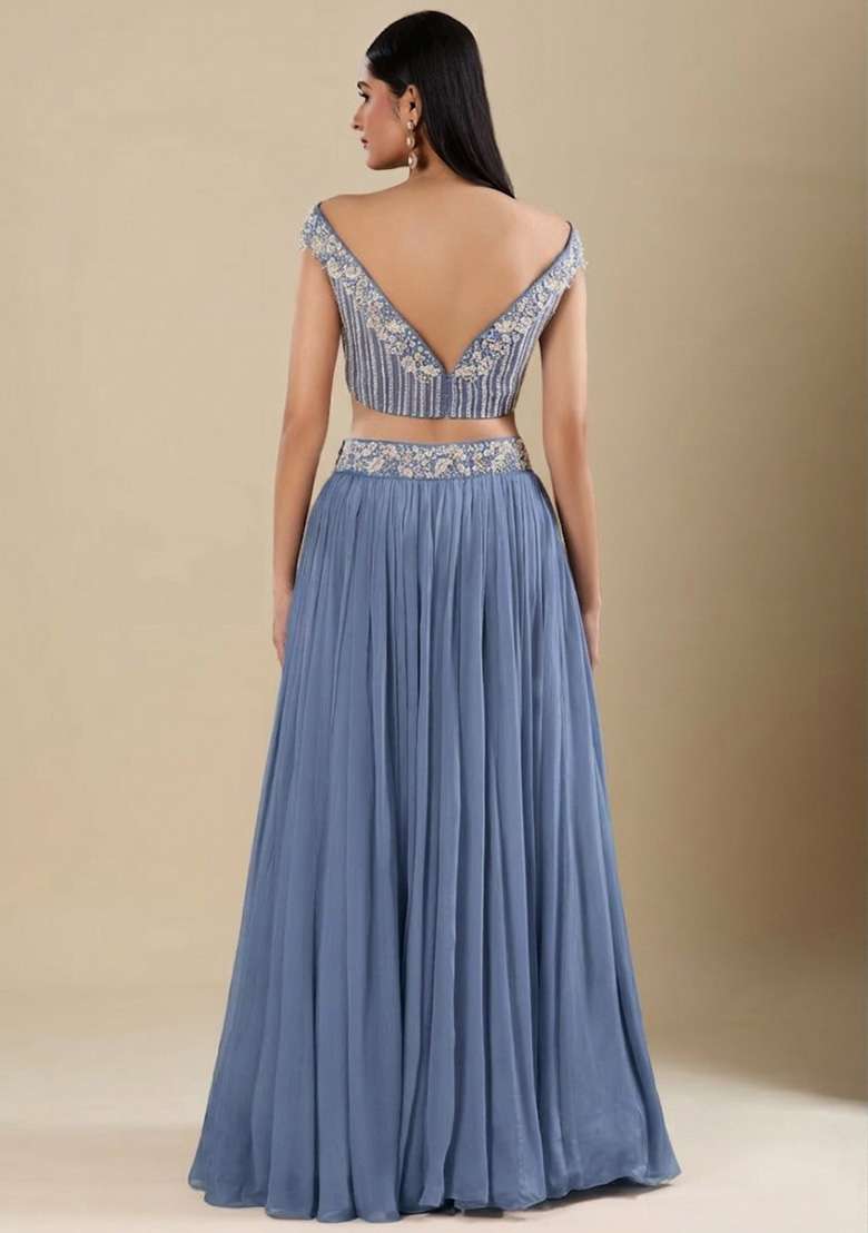 Steel Blue Chinon Handwork Lehenga Set - Indya