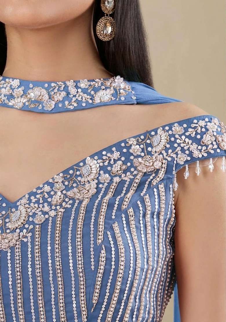 Steel Blue Chinon Handwork Lehenga Set - Indya