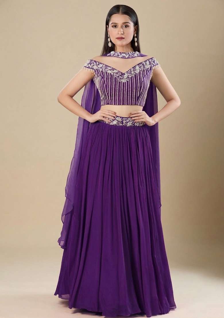 Purple Chinon Handwork Lehenga Set - Indya