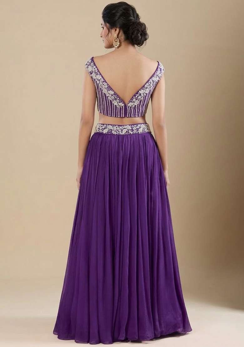Purple Chinon Handwork Lehenga Set - Indya