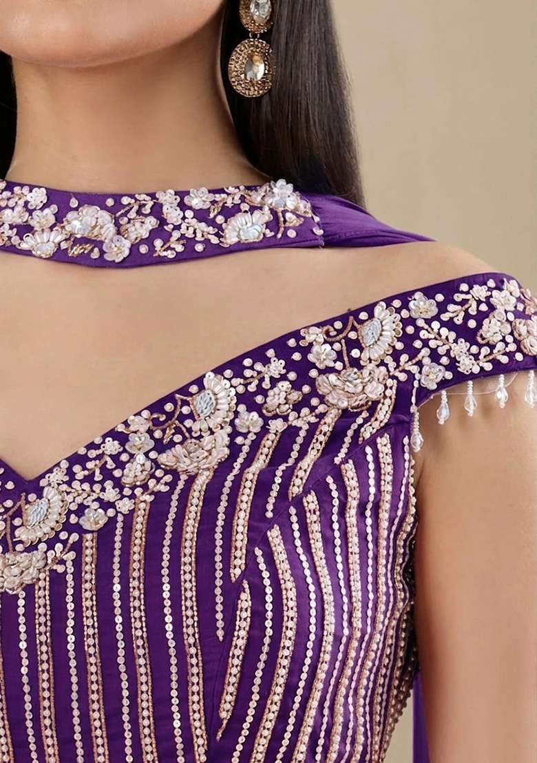 Purple Chinon Handwork Lehenga Set - Indya