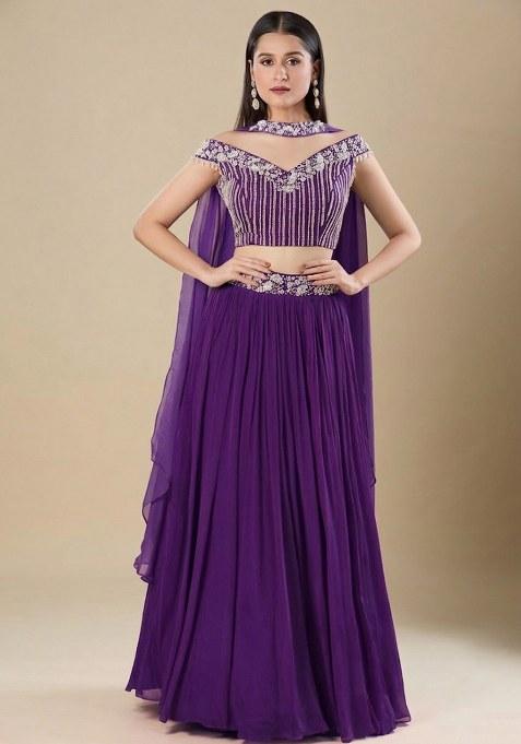 Purple Chinon Handwork Lehenga Set