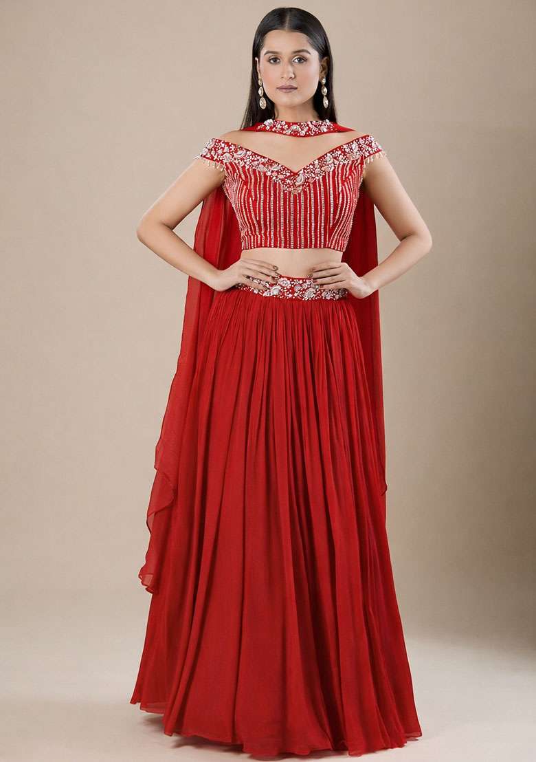 Red Chinon Handwork Lehenga Set - Indya