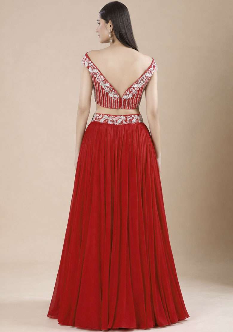 Red Chinon Handwork Lehenga Set - Indya