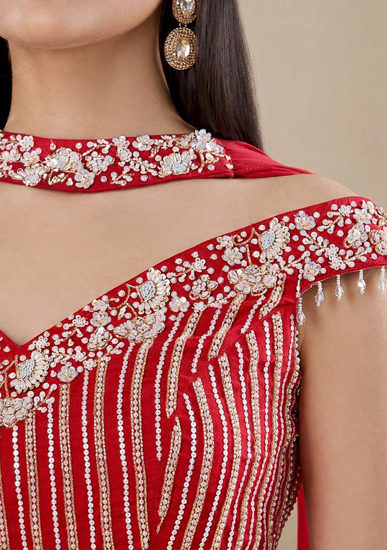 Red Chinon Handwork Lehenga Set - Indya
