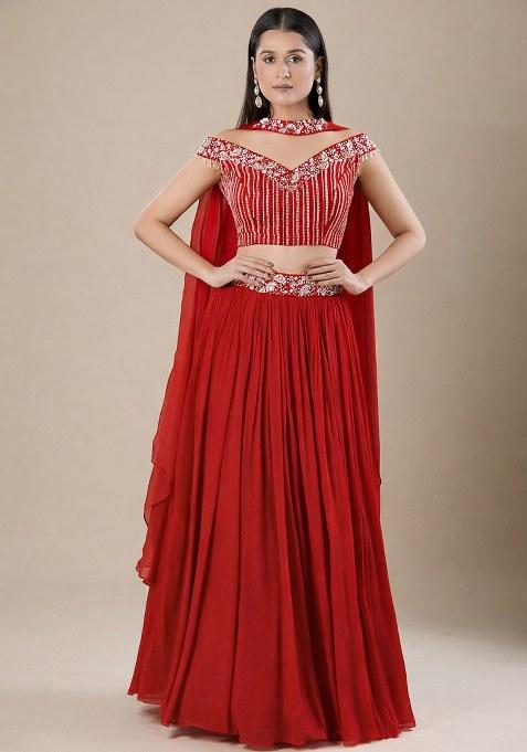 Red Chinon Handwork Lehenga Set