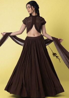 Dark Brown Crepe Handwork Lehenga Set