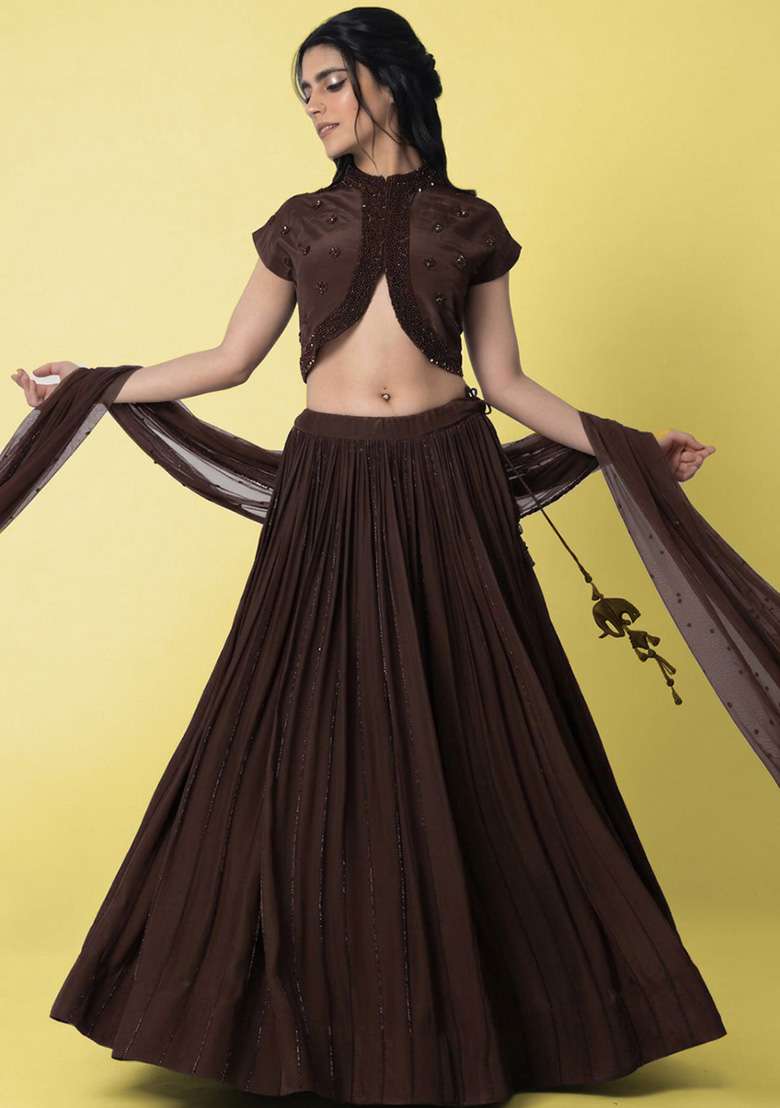 Dark Brown Crepe Handwork Lehenga Set - Indya