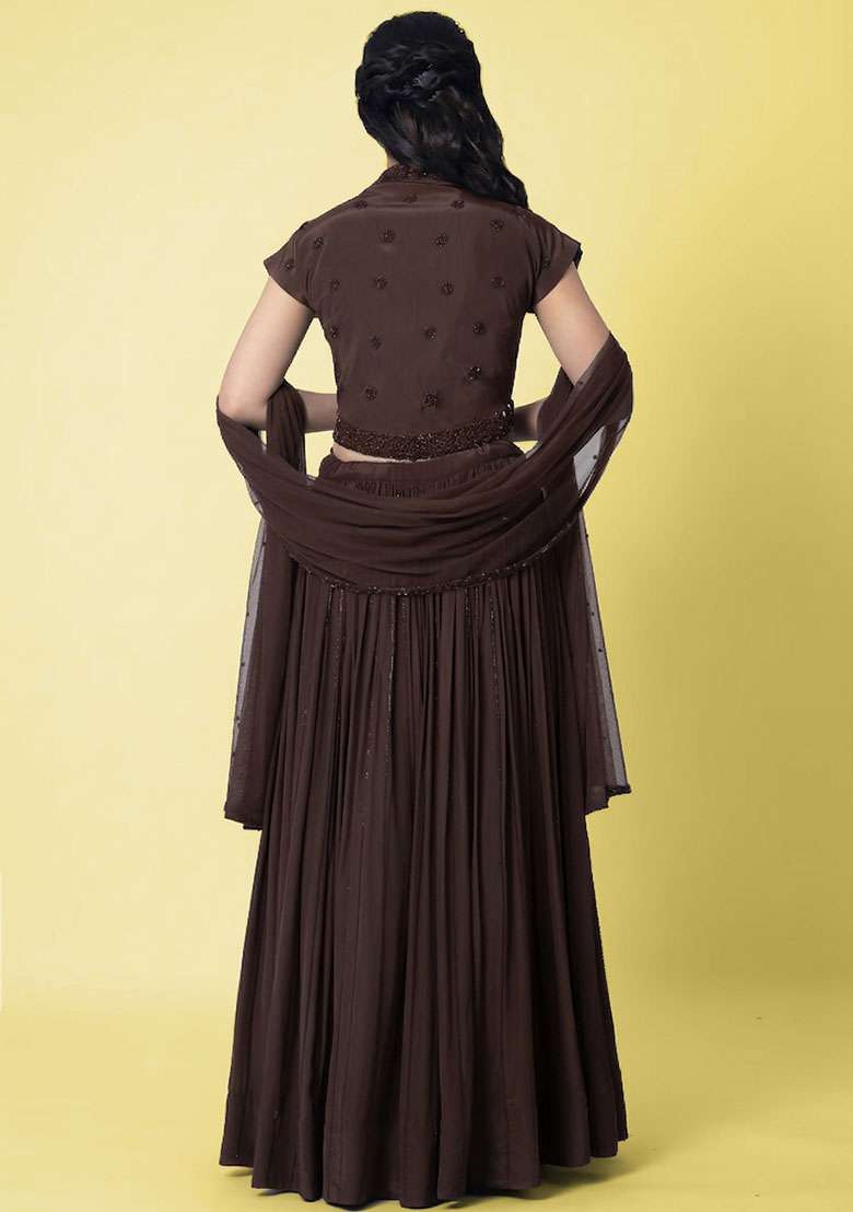 Dark Brown Crepe Handwork Lehenga Set - Indya