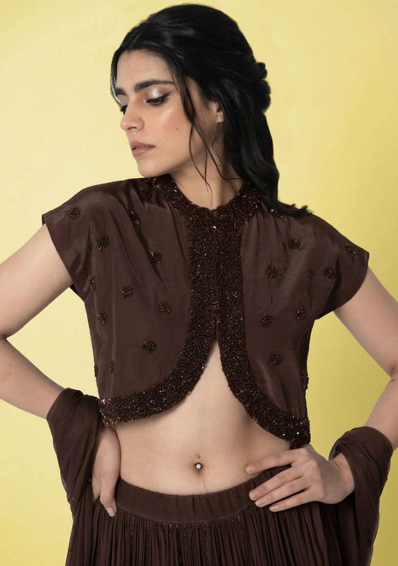 Dark Brown Crepe Handwork Lehenga Set - Indya