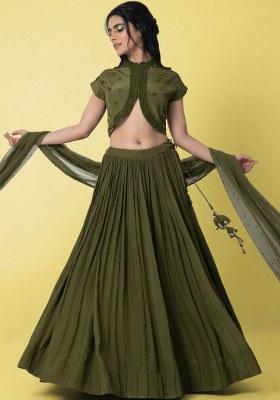 Olive Green Crepe Handwork Lehenga Set