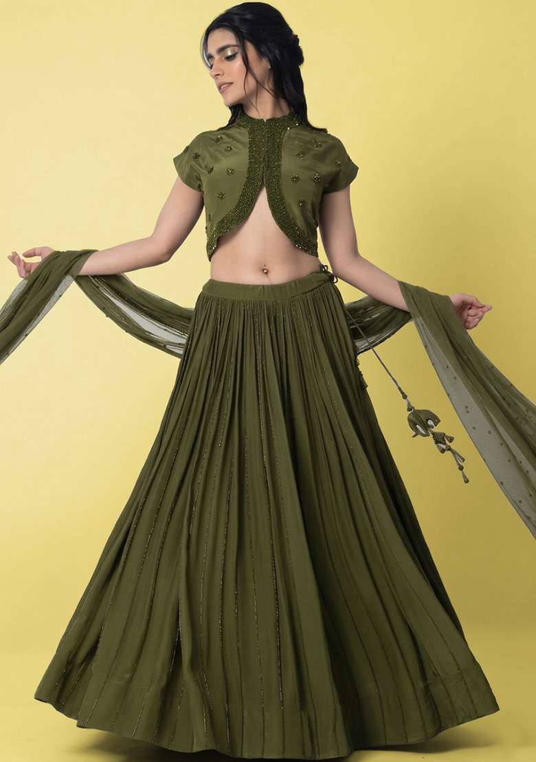 Olive Green Crepe Handwork Lehenga Set - Indya