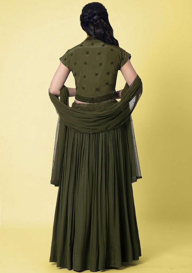Olive Green Crepe Handwork Lehenga Set - Indya