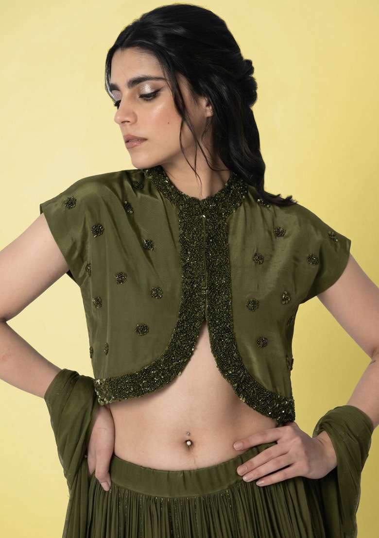 Olive Green Crepe Handwork Lehenga Set - Indya