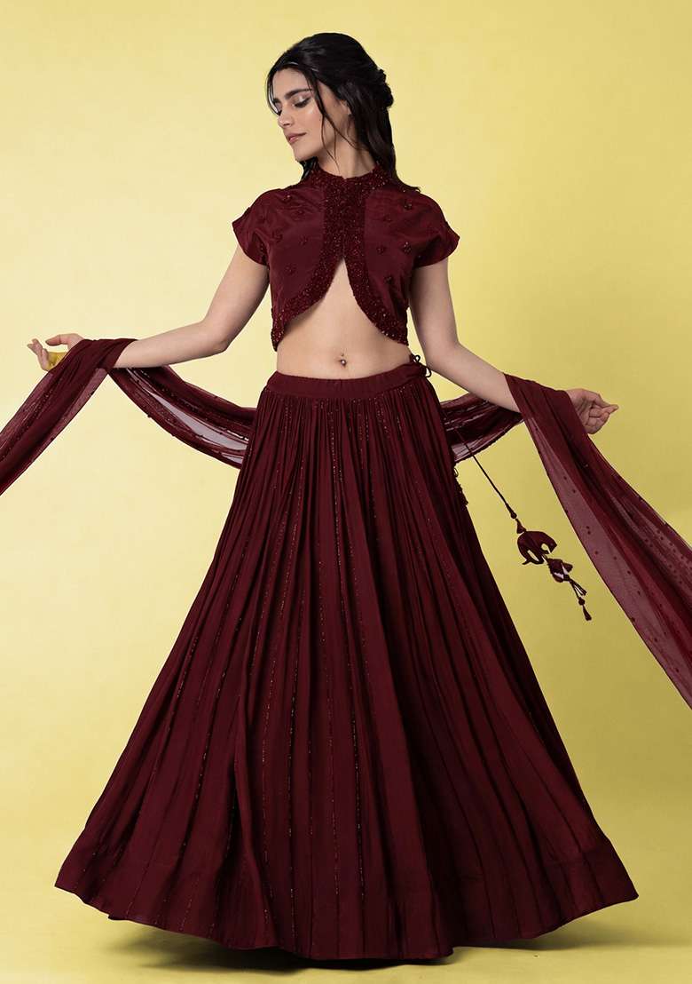 Deep Maroon Crepe Handwork Lehenga Set - Indya