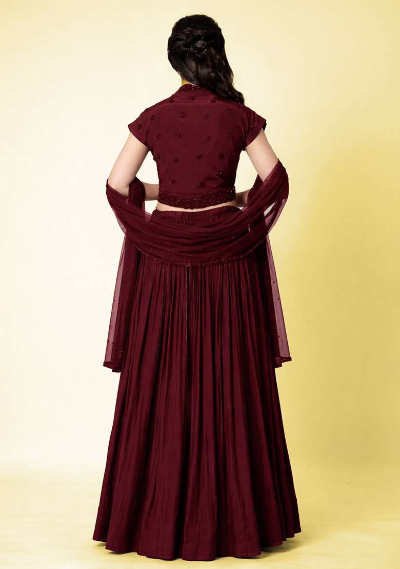 Deep Maroon Crepe Handwork Lehenga Set - Indya