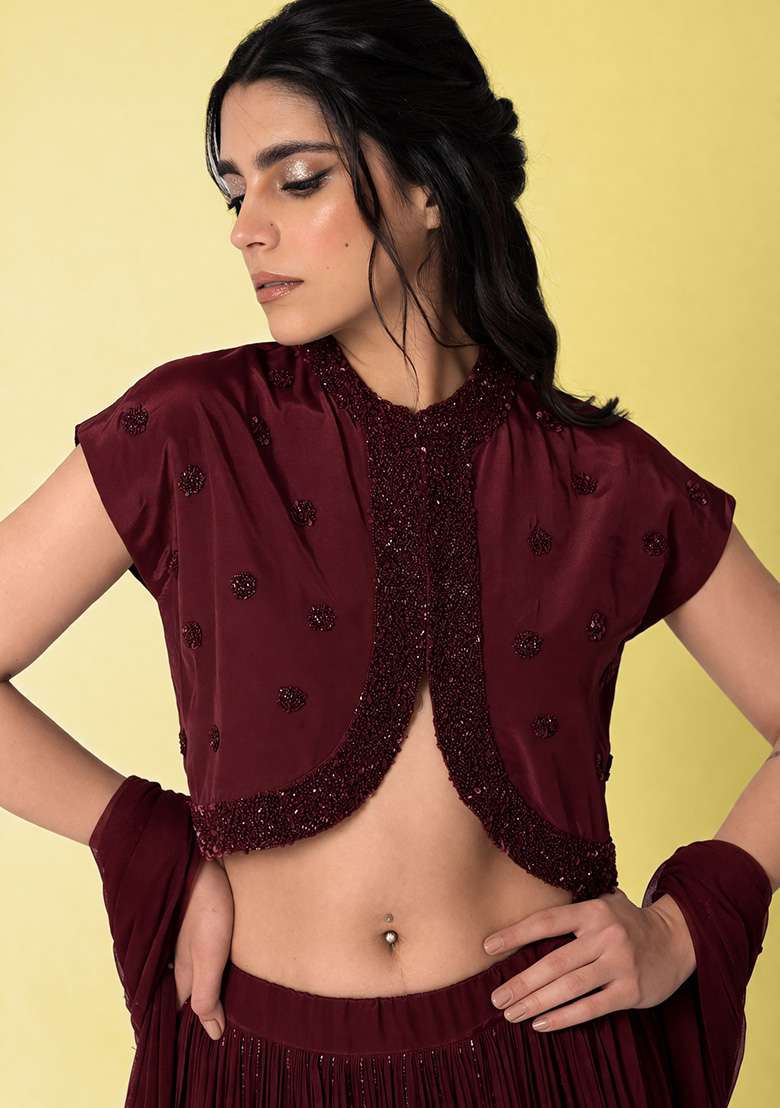 Deep Maroon Crepe Handwork Lehenga Set - Indya