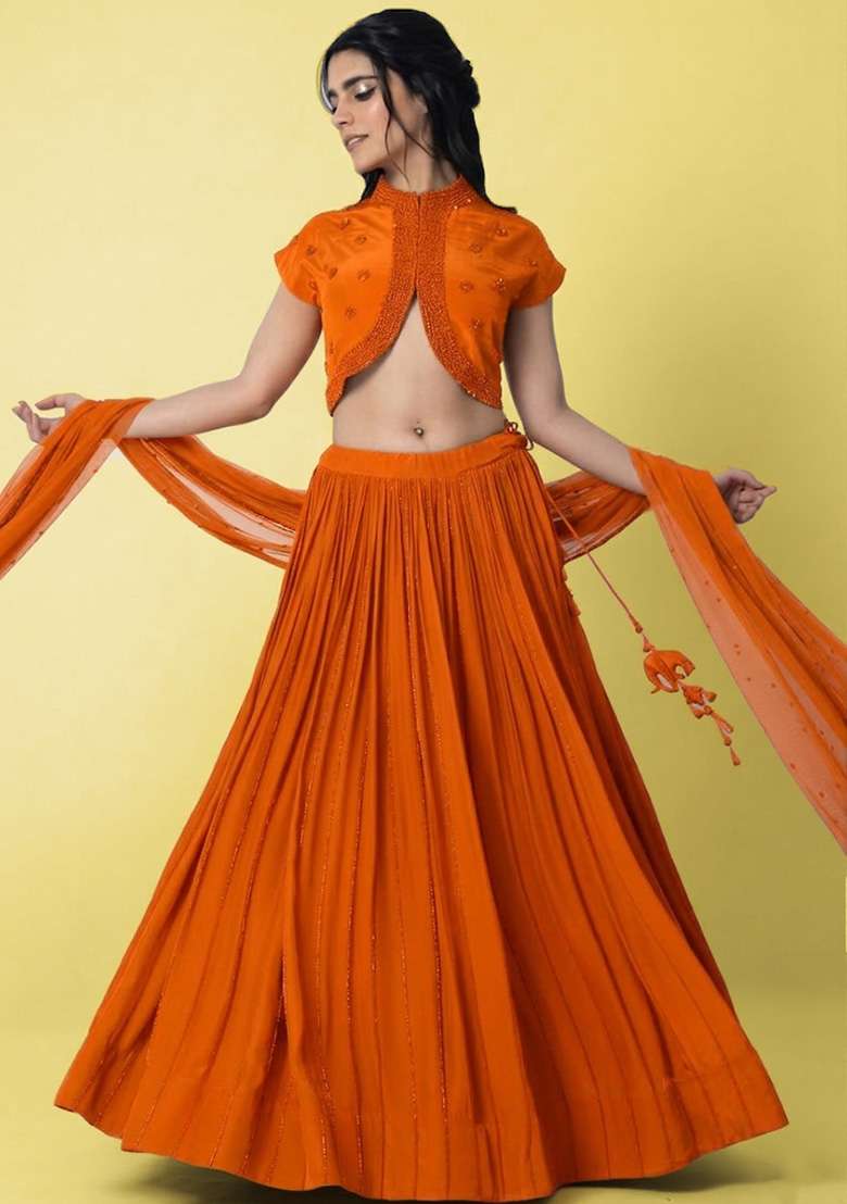 Orange Crepe Handwork Lehenga Set - Indya