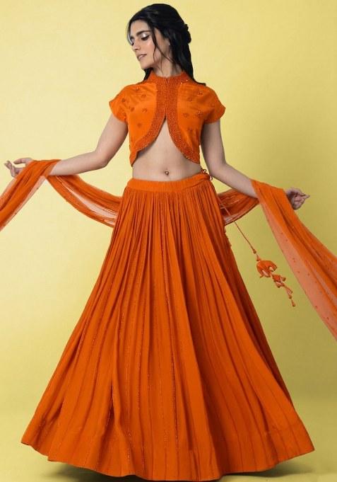 Orange Crepe Handwork Lehenga Set