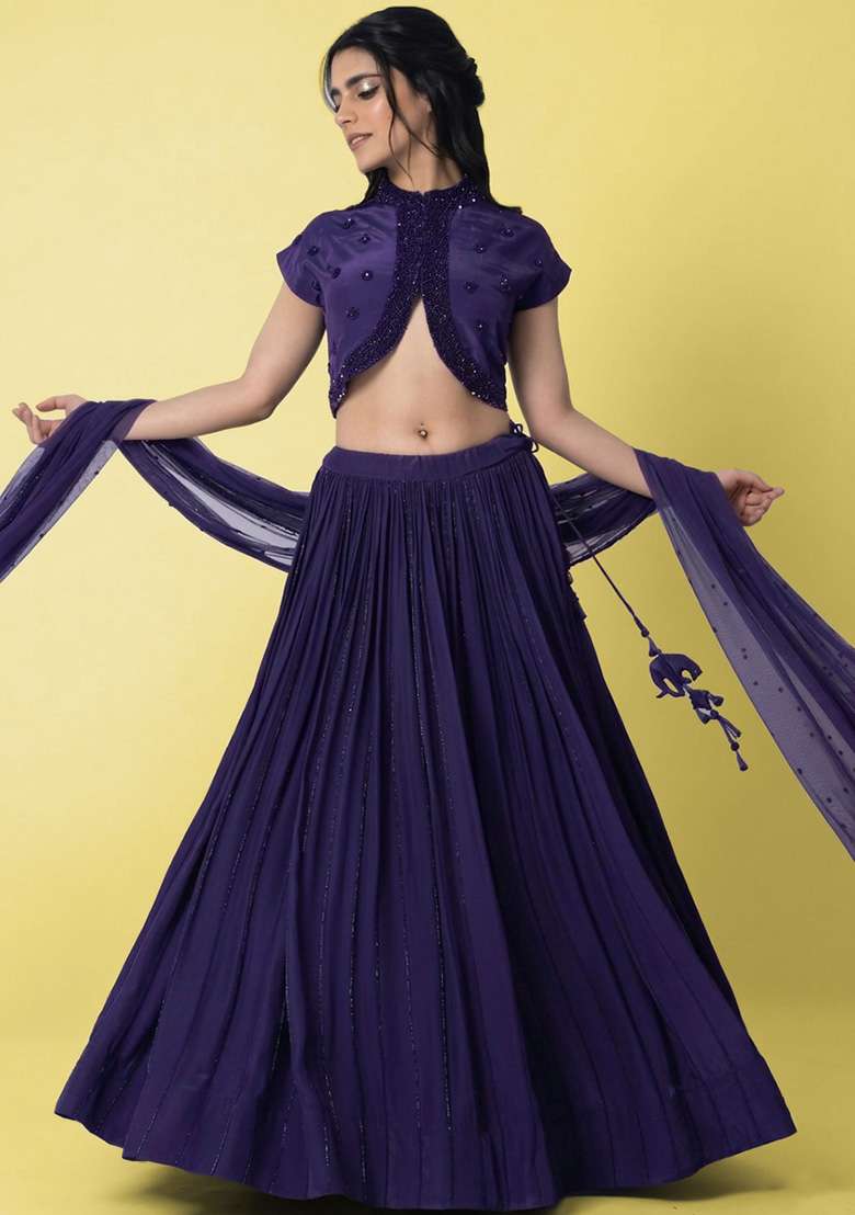 Violet Crepe Handwork Lehenga Set - Indya