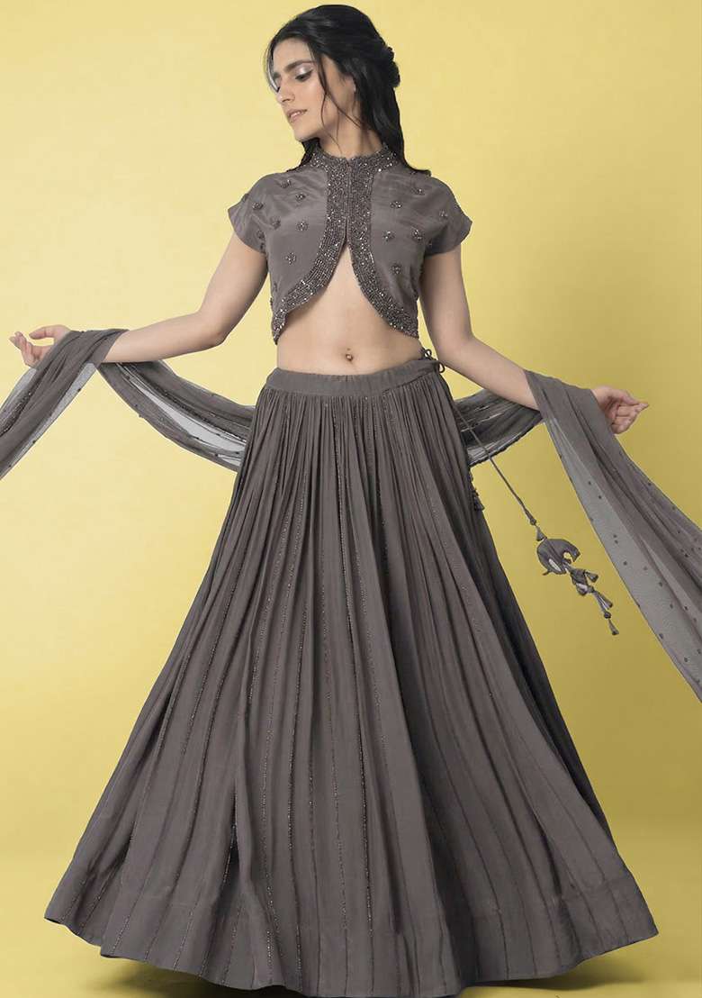 Grey Crepe Handwork Lehenga Set - Indya