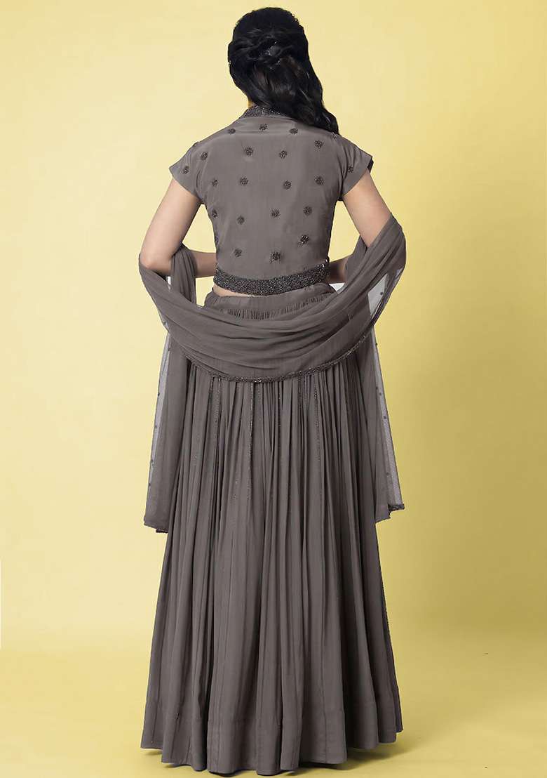Grey Crepe Handwork Lehenga Set - Indya